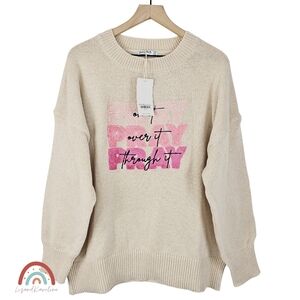 New! Love in Faith Pray Oversized Pink Embroidered Cream Knit Crewneck Sweater